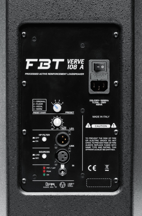 FBT Verve 108A kolumna aktywna;  Bi-amped: 400W RMS LF + 100W RMS HF